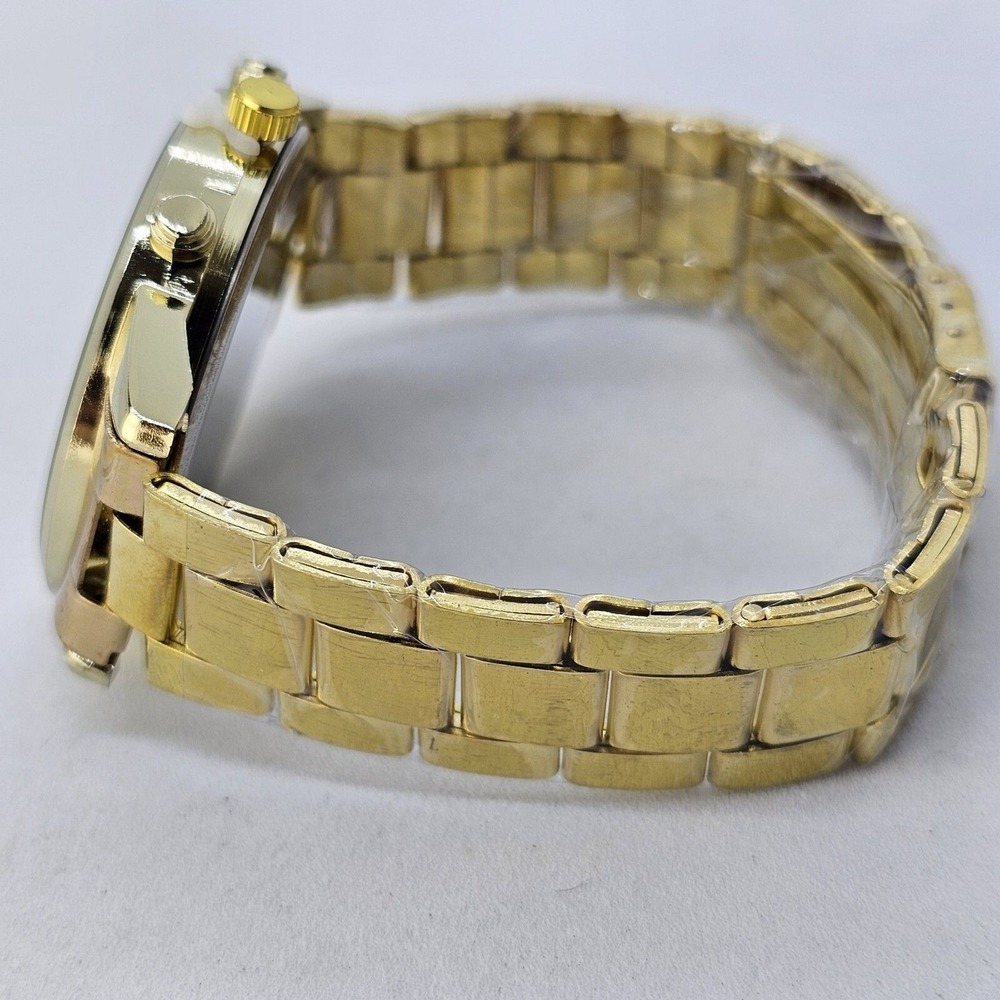 Men's 2PC Watch Bracelet Set 41MM Black Dial Date Gold Bracelet Band 7" Wrist - Picture 9 of 14